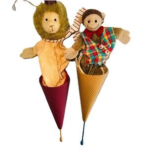 Vintage Peek A Boo Pop Up Lion King & Monkey Jester Stick Puppet Theatre Pretend